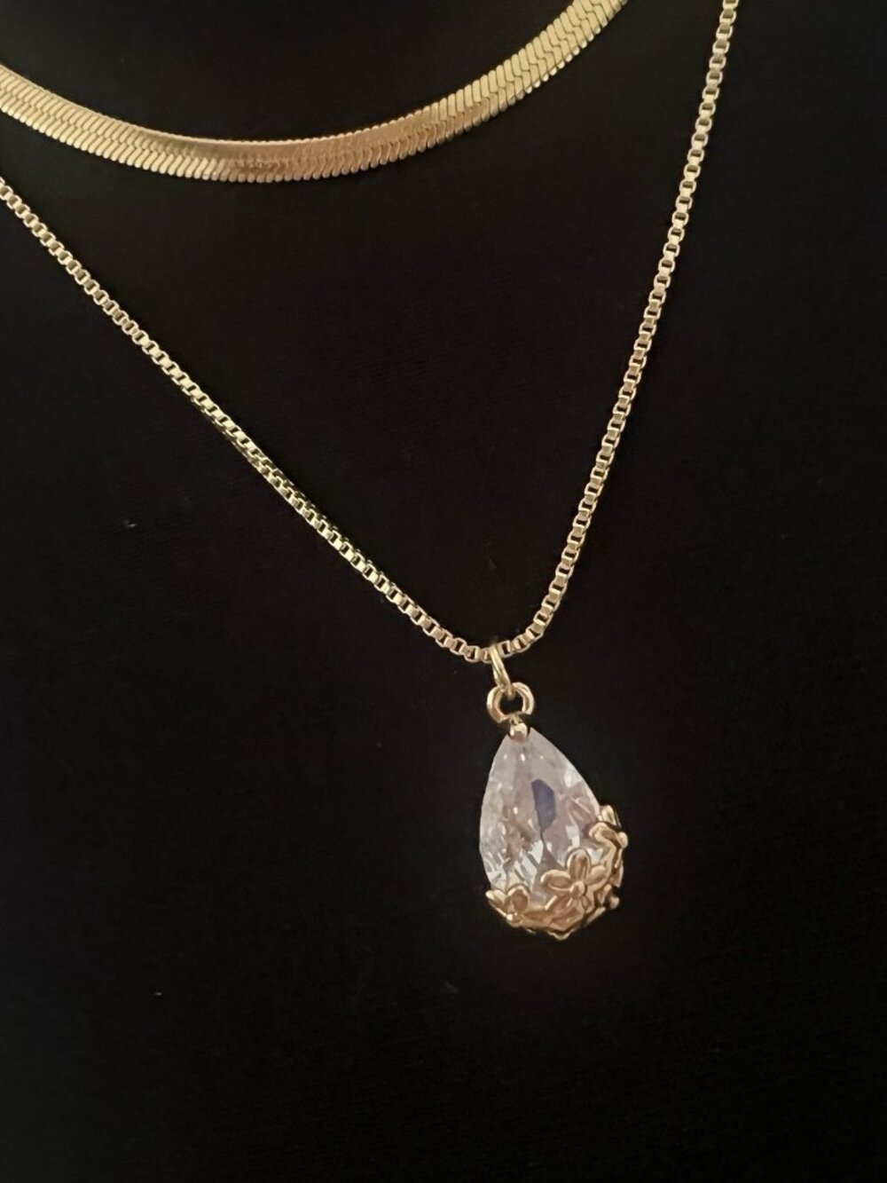 Gold Plated Layered Herringbone & Teardrop Necklace Stainless Steel jewelry